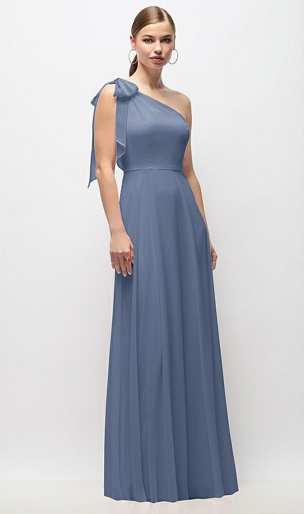 draped one-shoulder maxi dress with scarf bow