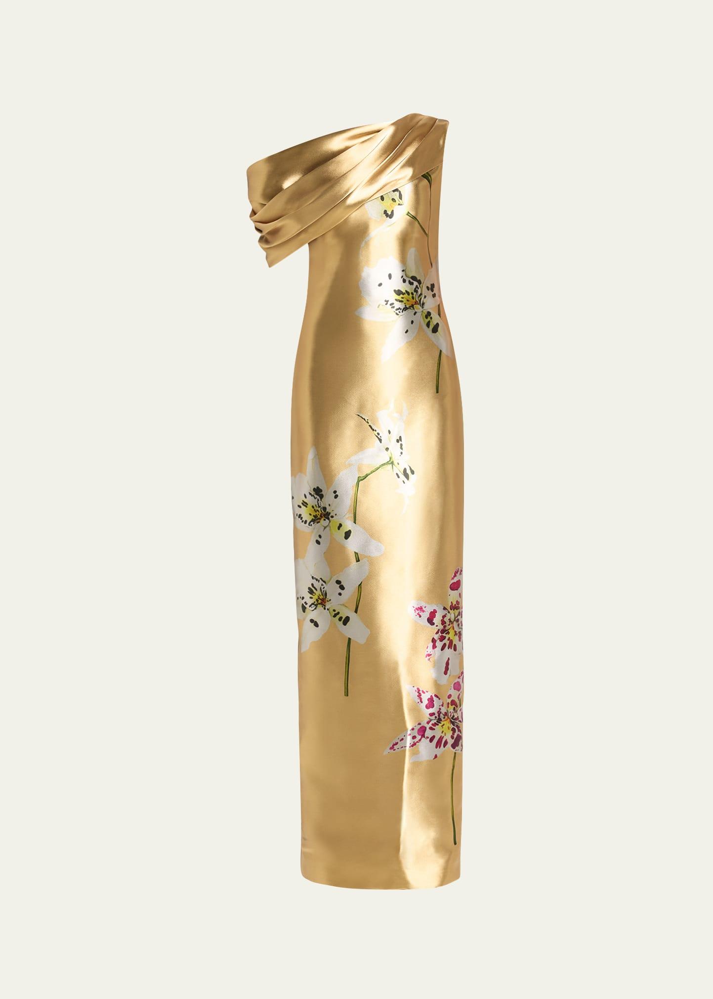 draped one-shoulder metal orchid gown
