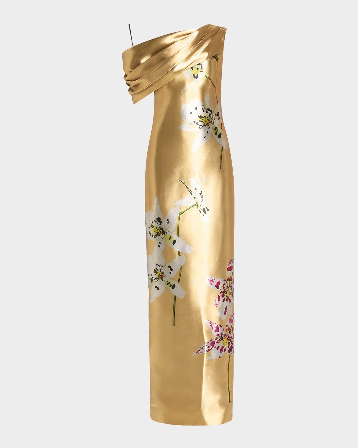 draped one-shoulder metal orchid gown