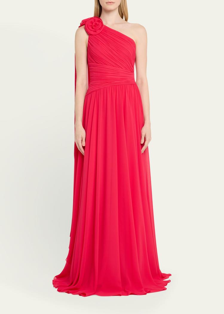 draped one-shoulder pleated chiffon gown