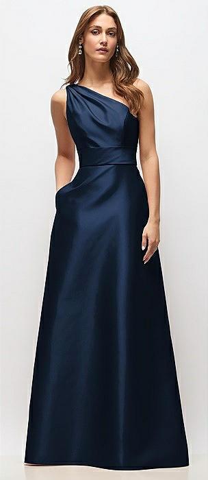 draped one-shoulder satin maxi dress with pockets