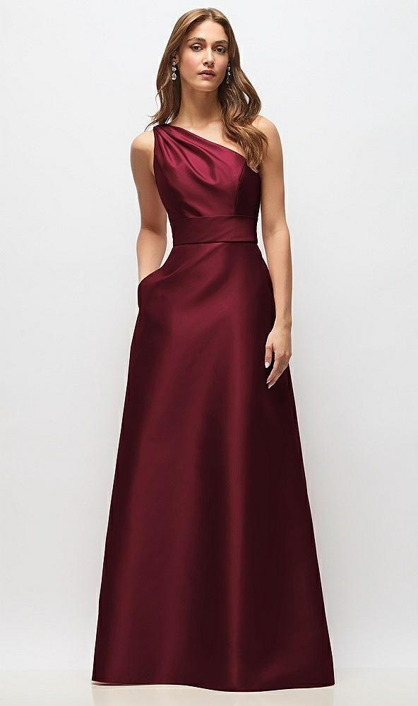 draped one-shoulder satin maxi dress with pockets