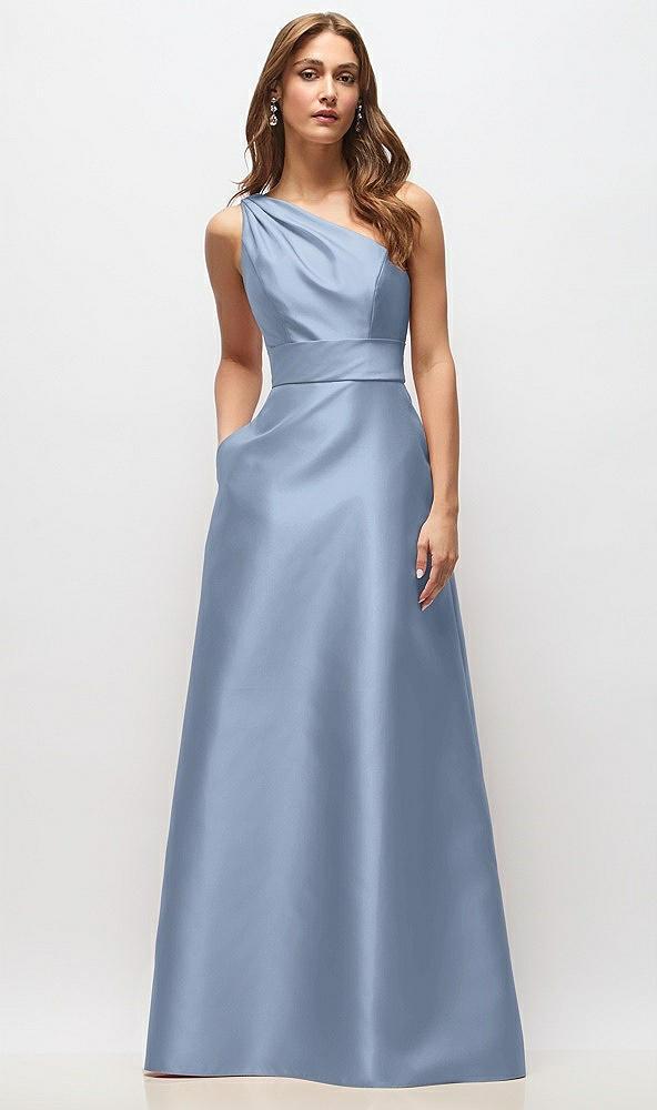 draped one-shoulder satin maxi dress with pockets