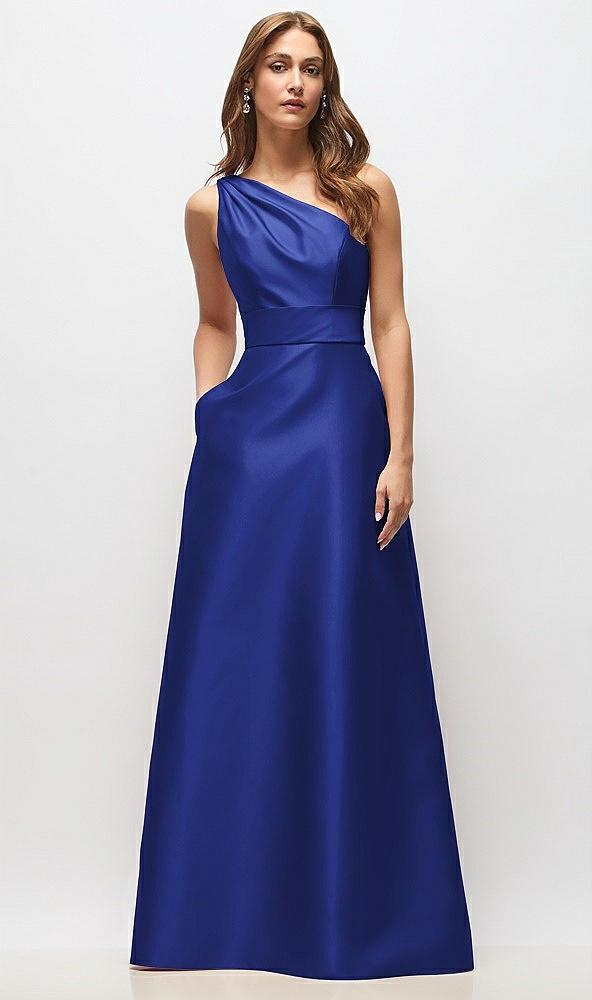 draped one-shoulder satin maxi dress with pockets