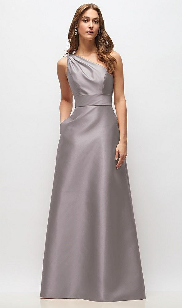 draped one-shoulder satin maxi dress with pockets