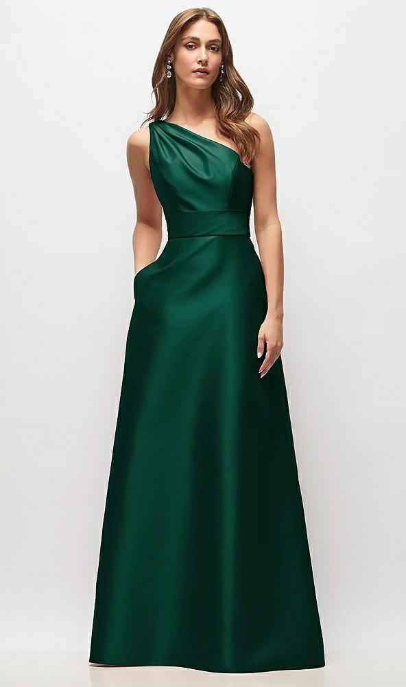 draped one-shoulder satin maxi dress with pockets