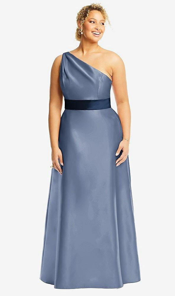 draped one-shoulder satin maxi dress with pockets
