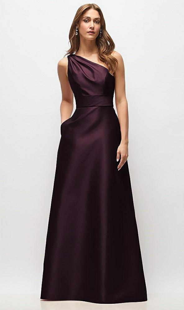 draped one-shoulder satin maxi dress with pockets
