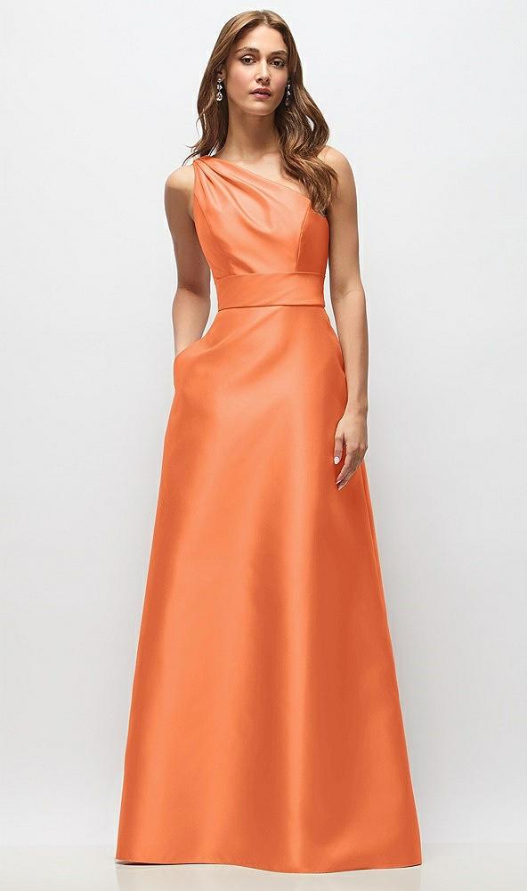 draped one-shoulder satin maxi dress with pockets