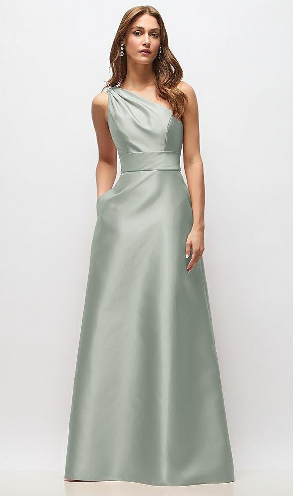 draped one-shoulder satin maxi dress with pockets