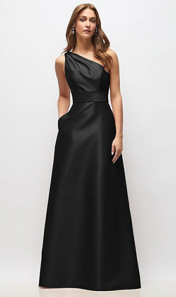 draped one-shoulder satin maxi dress with pockets