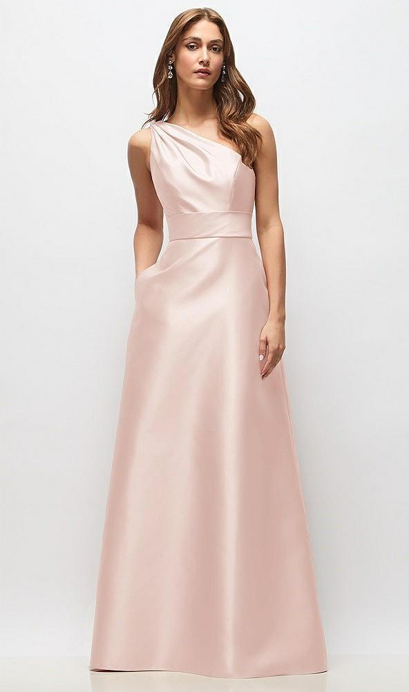 draped one-shoulder satin maxi dress with pockets