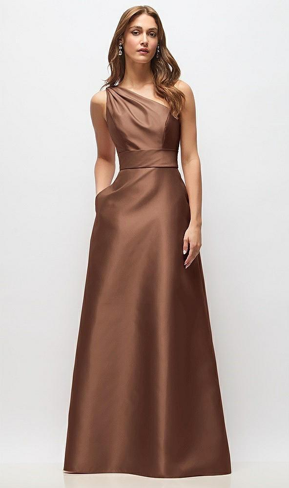 draped one-shoulder satin maxi dress with pockets