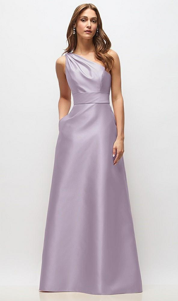 draped one-shoulder satin maxi dress with pockets