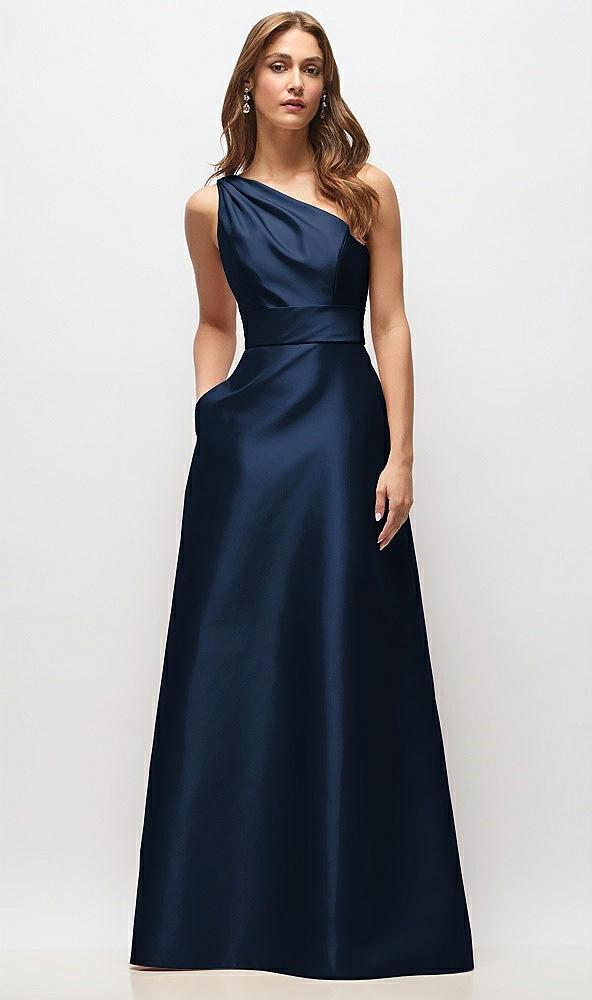 draped one-shoulder satin maxi dress with pockets