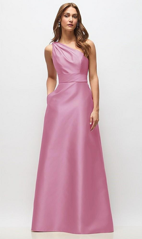 draped one-shoulder satin maxi dress with pockets