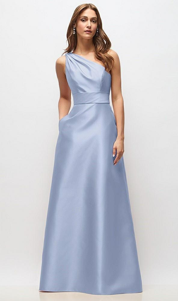 draped one-shoulder satin maxi dress with pockets