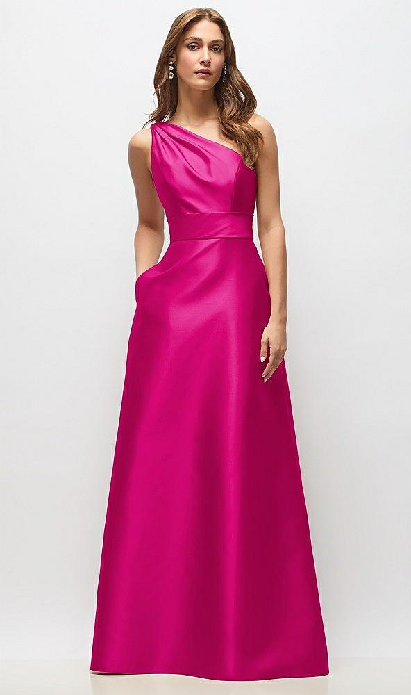 draped one-shoulder satin maxi dress with pockets