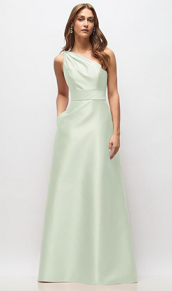 draped one-shoulder satin maxi dress with pockets
