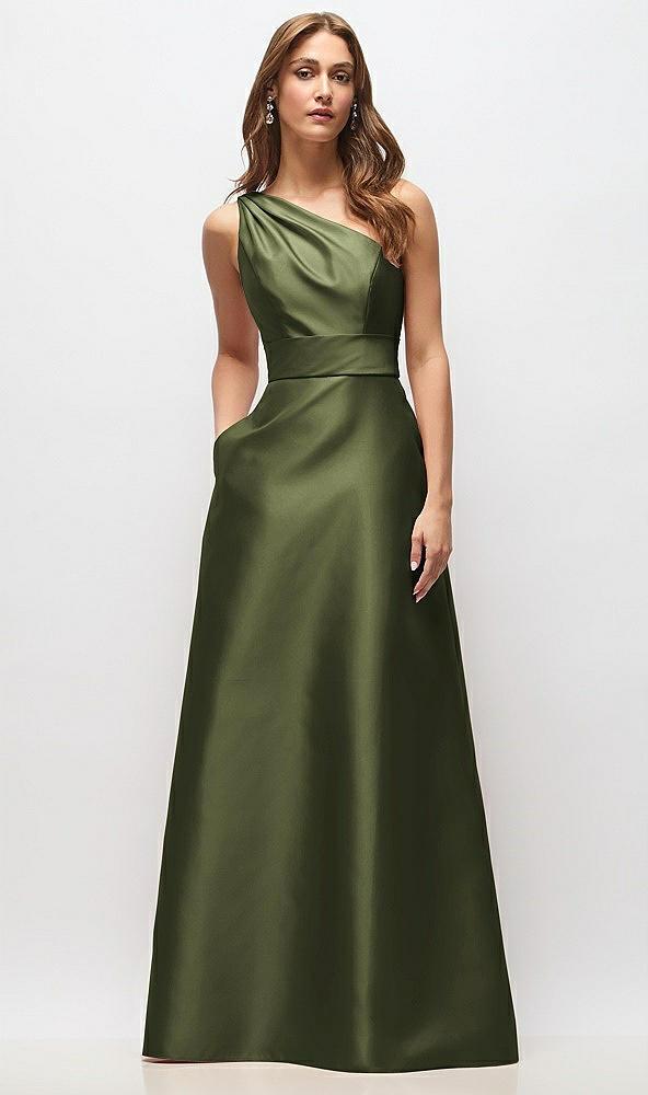 draped one-shoulder satin maxi dress with pockets
