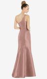draped one-shoulder satin trumpet gown with front slit