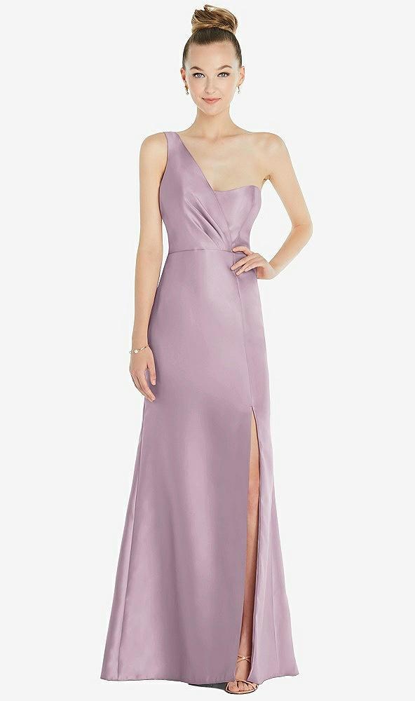 draped one-shoulder satin trumpet gown with front slit