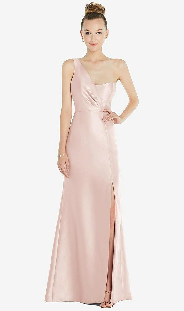 draped one-shoulder satin trumpet gown with front slit