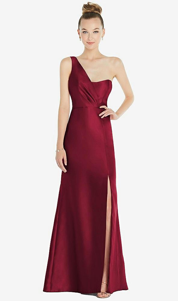 draped one-shoulder satin trumpet gown with front slit
