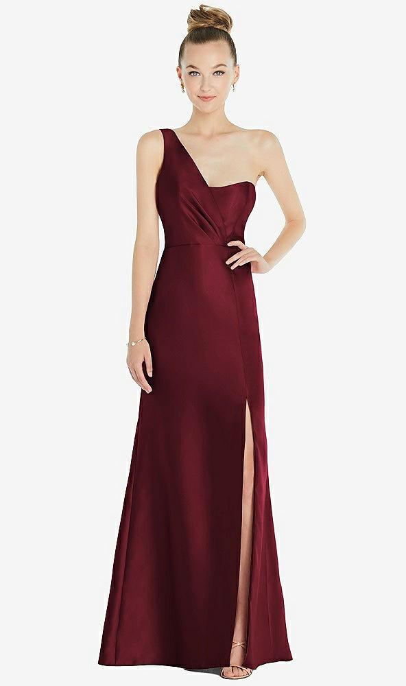 draped one-shoulder satin trumpet gown with front slit