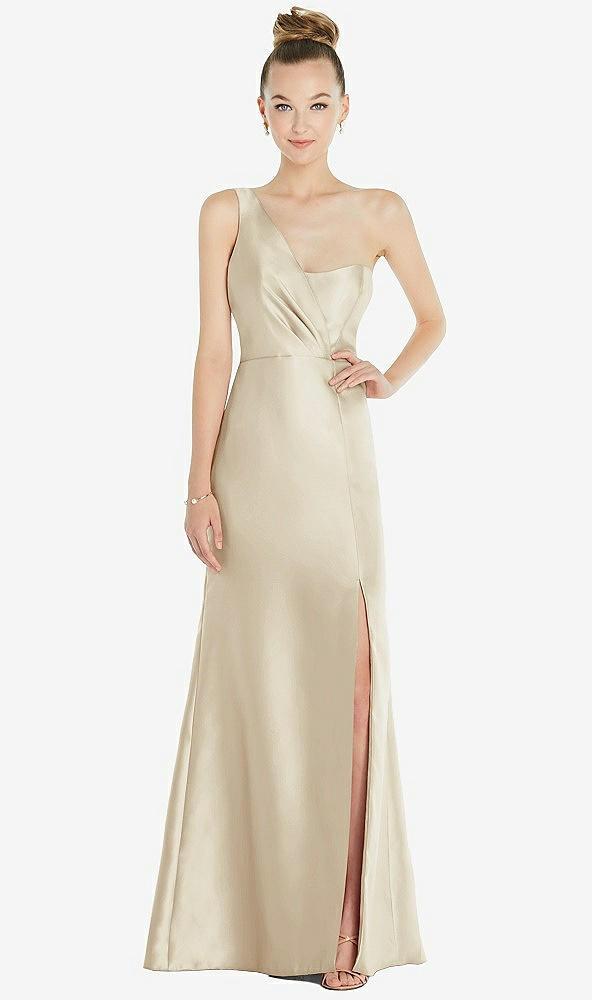 draped one-shoulder satin trumpet gown with front slit