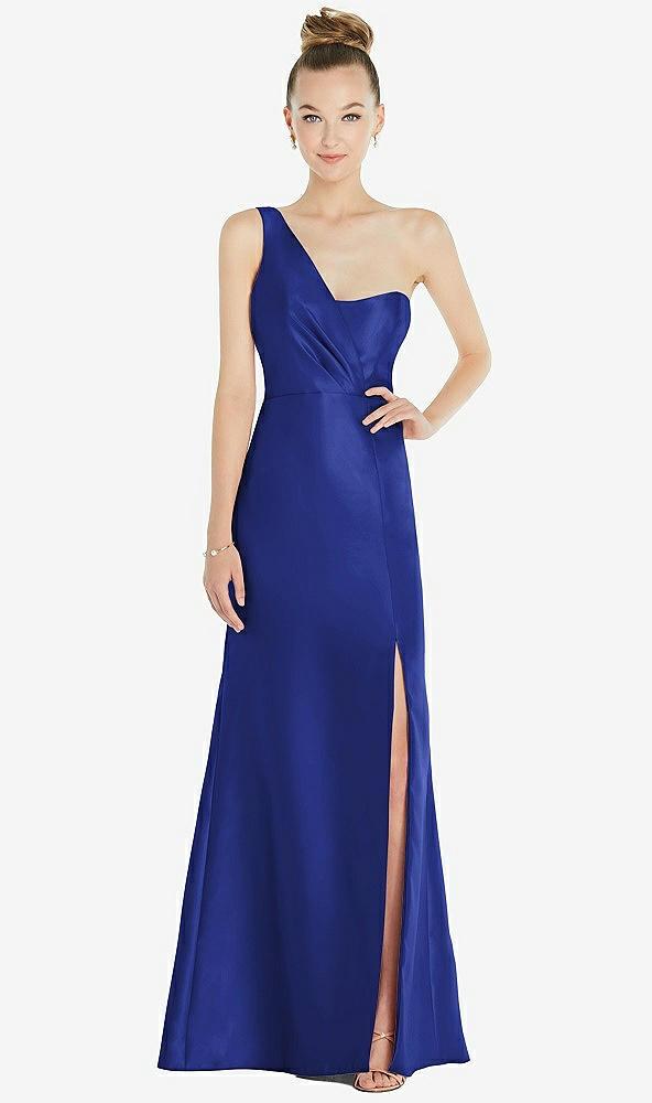 draped one-shoulder satin trumpet gown with front slit