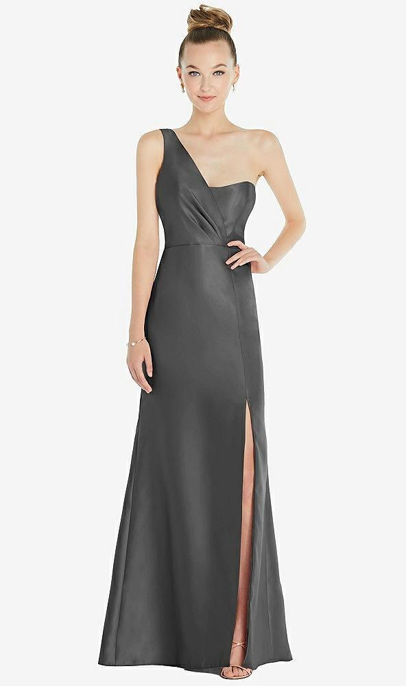 draped one-shoulder satin trumpet gown with front slit