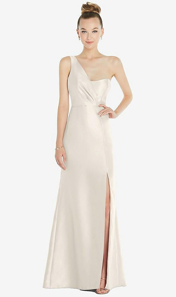 draped one-shoulder satin trumpet gown with front slit