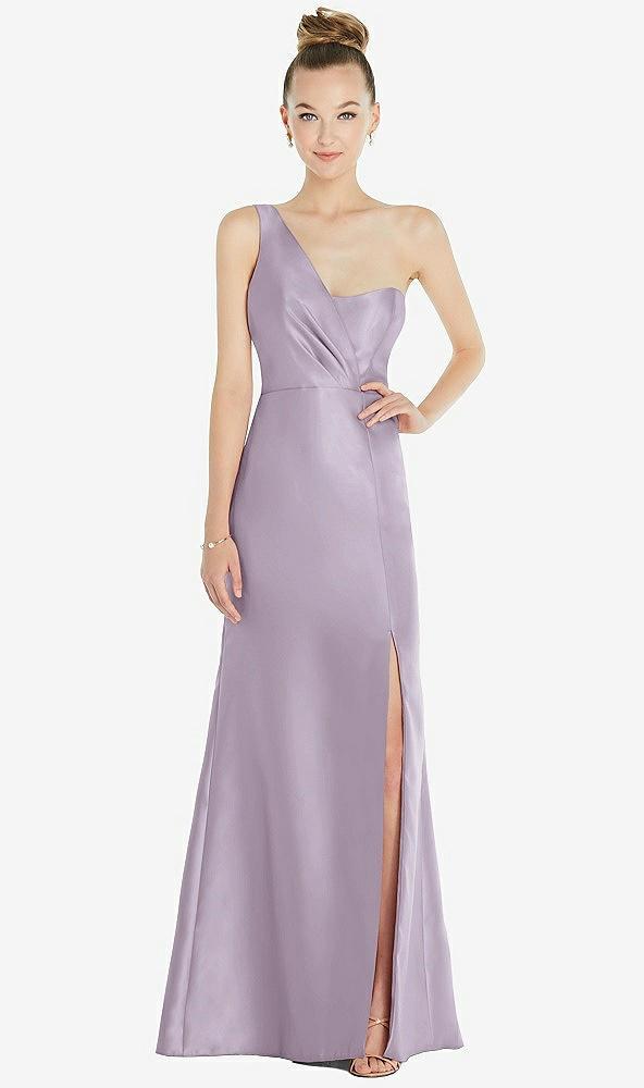 draped one-shoulder satin trumpet gown with front slit