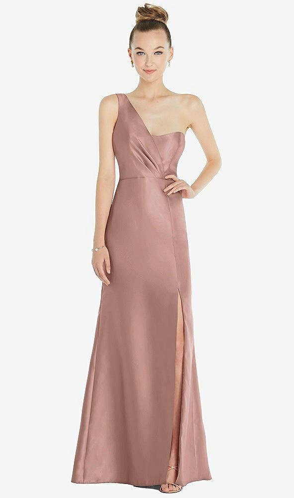 draped one-shoulder satin trumpet gown with front slit