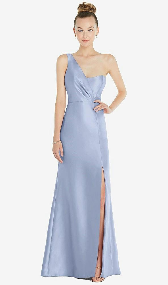 draped one-shoulder satin trumpet gown with front slit