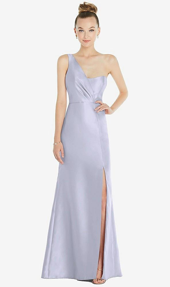 draped one-shoulder satin trumpet gown with front slit