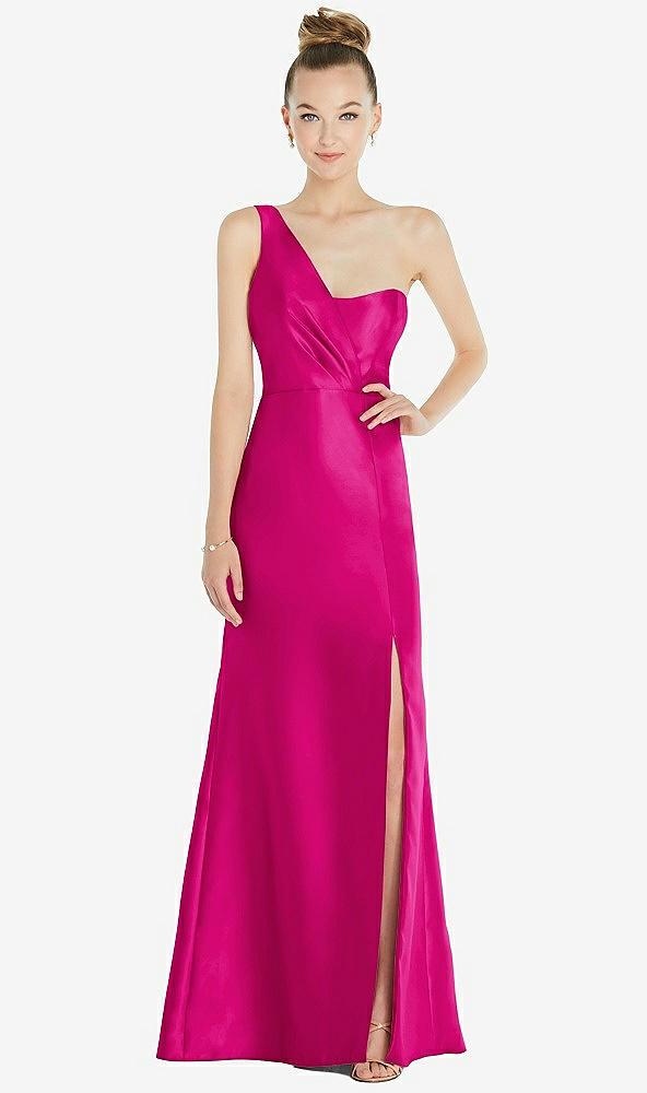 draped one-shoulder satin trumpet gown with front slit