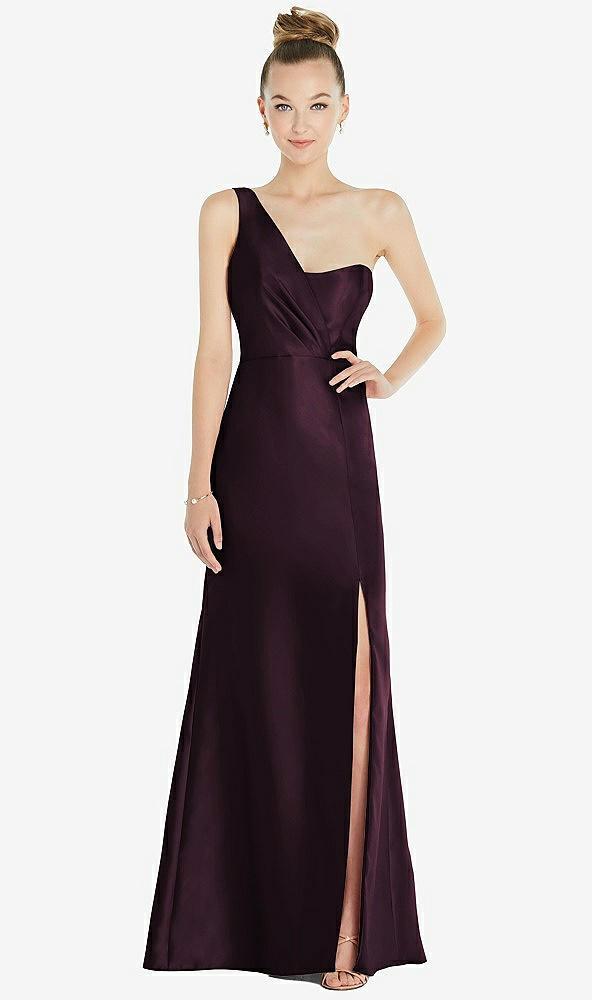 draped one-shoulder satin trumpet gown with front slit