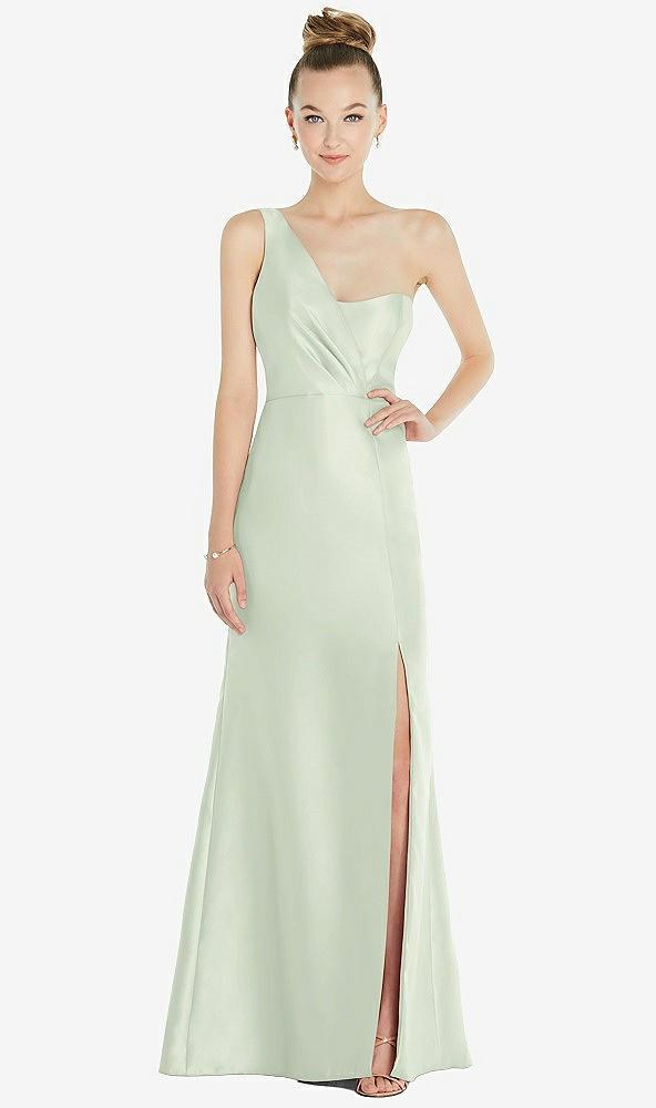 draped one-shoulder satin trumpet gown with front slit