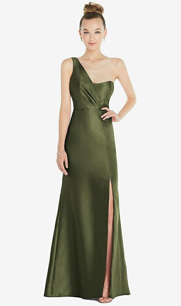 draped one-shoulder satin trumpet gown with front slit