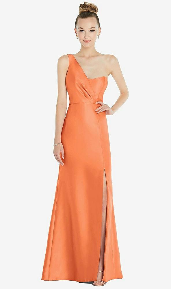 draped one-shoulder satin trumpet gown with front slit