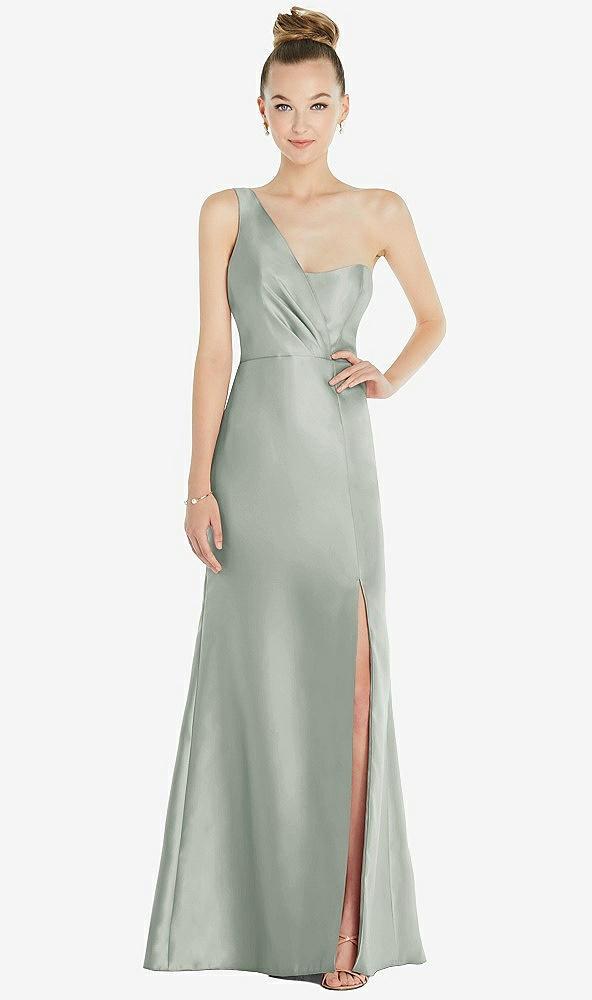 draped one-shoulder satin trumpet gown with front slit