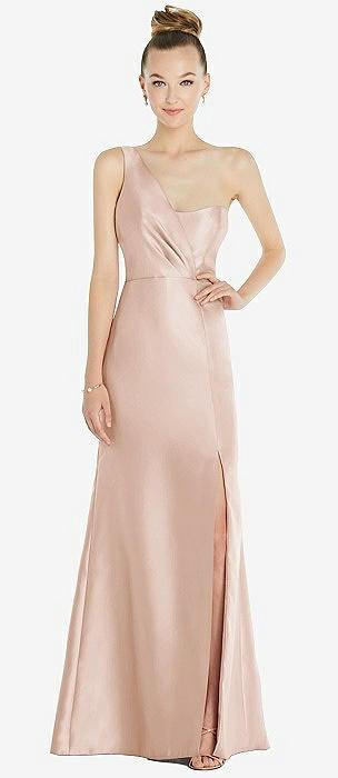 draped one-shoulder satin trumpet gown with front slit