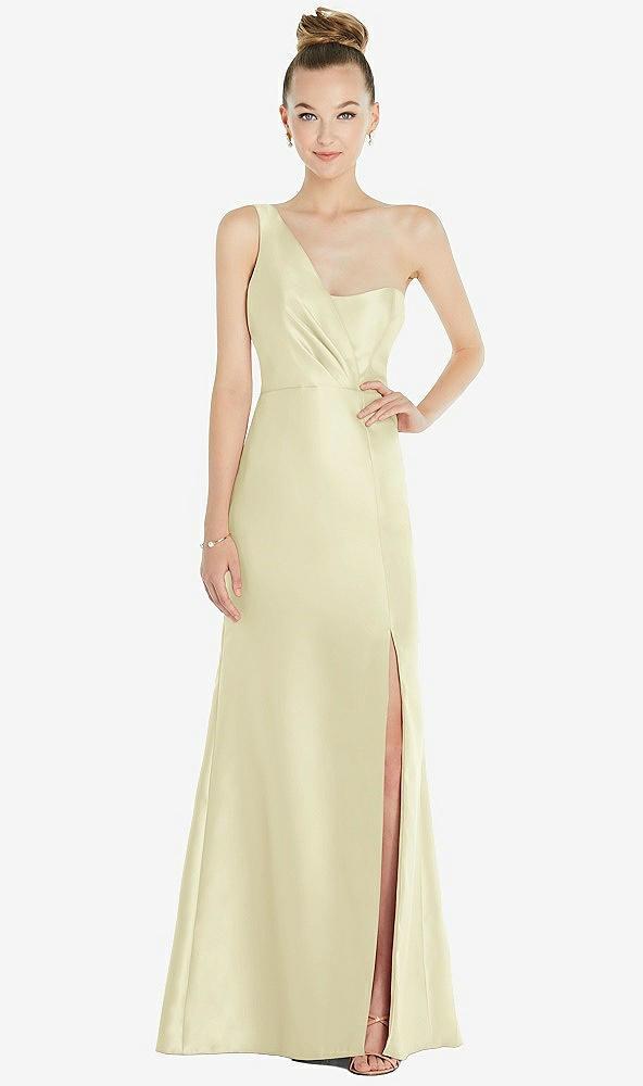 draped one-shoulder satin trumpet gown with front slit