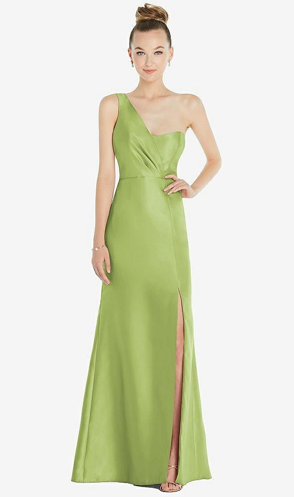 draped one-shoulder satin trumpet gown with front slit