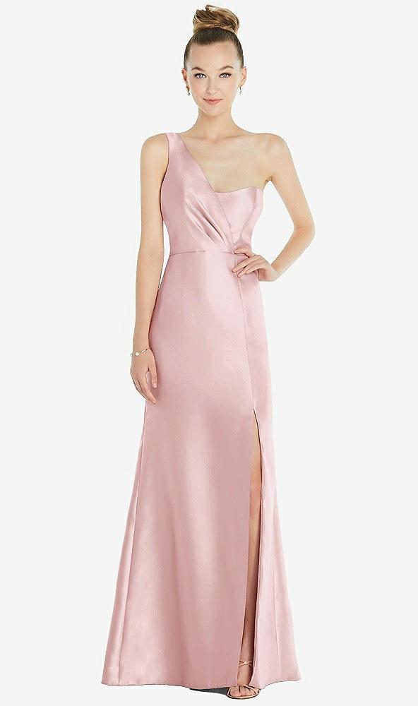 draped one-shoulder satin trumpet gown with front slit