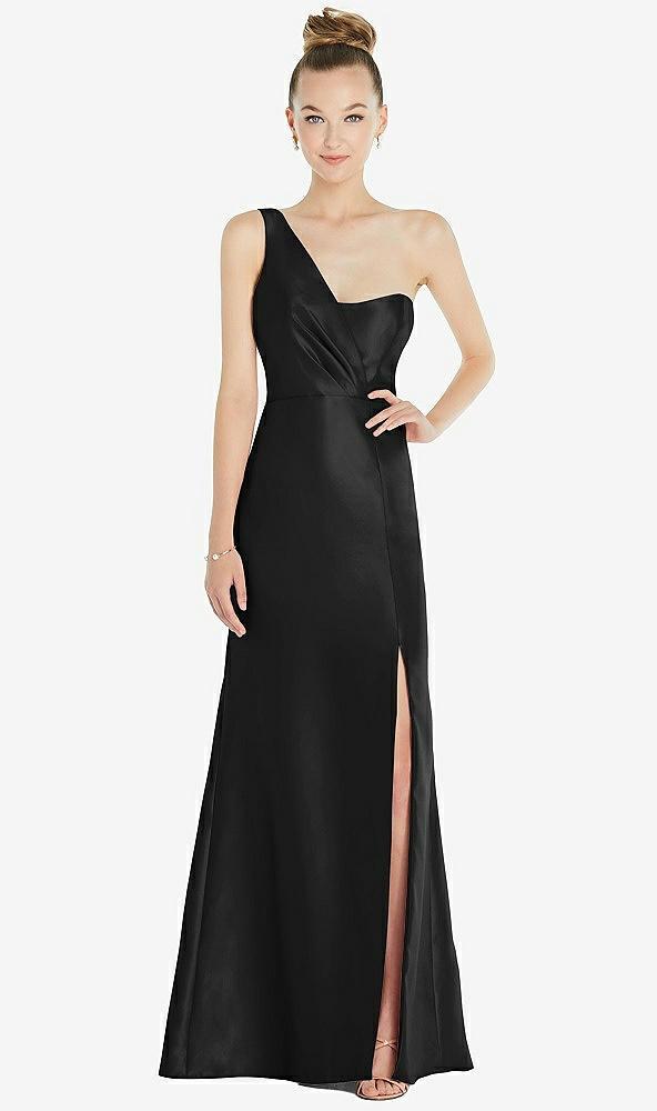 draped one-shoulder satin trumpet gown with front slit