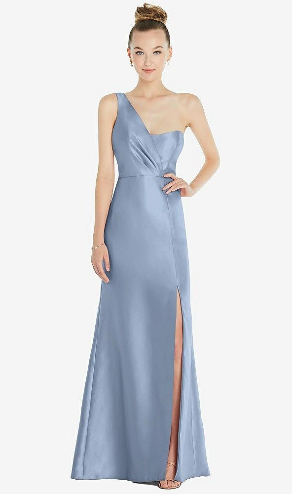 draped one-shoulder satin trumpet gown with front slit