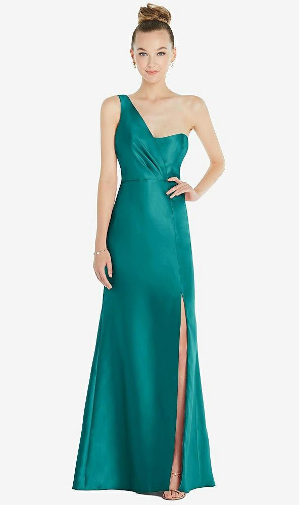 draped one-shoulder satin trumpet gown with front slit